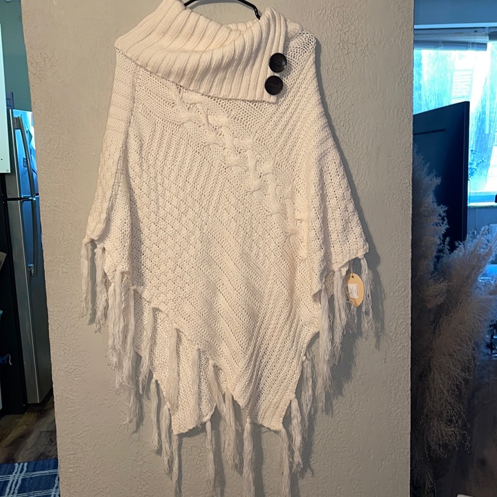 NWT Ivory Artisan Sweater Tasseled Poncho for Women with Buttons